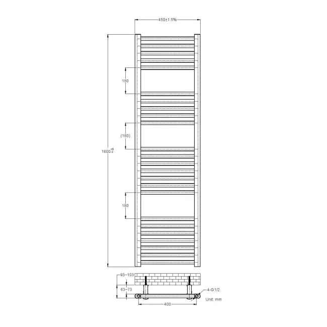 Naples Premium Matt Black Straight Heated Towel Rail 1600x450mm