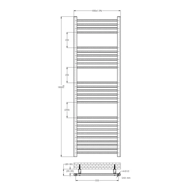 Barcelona Matt Black Straight Heated Towel Rail 1800x600mm