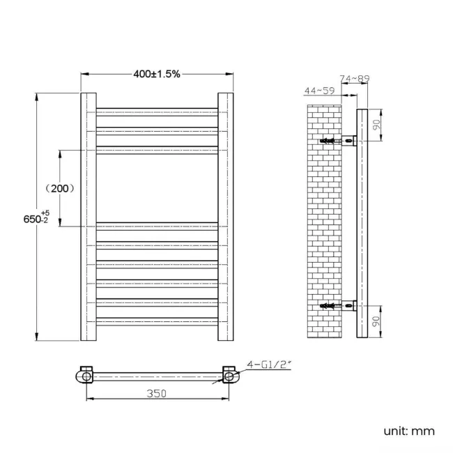 Barcelona Brushed Brass Straight Heated Towel Rail 650x400mm