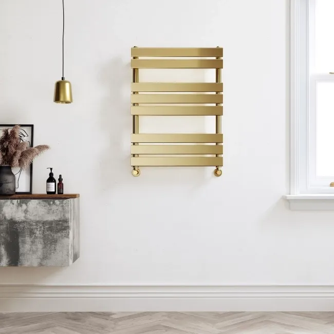 Santorini Brushed Brass Flat Panel Heated Towel Rail 800x600mm