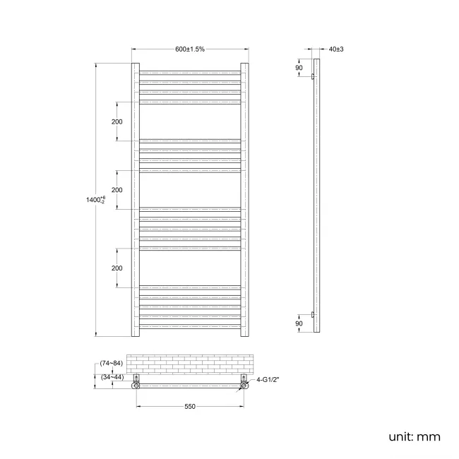 Barcelona Brushed Brass Straight Heated Towel Rail 1400x600mm