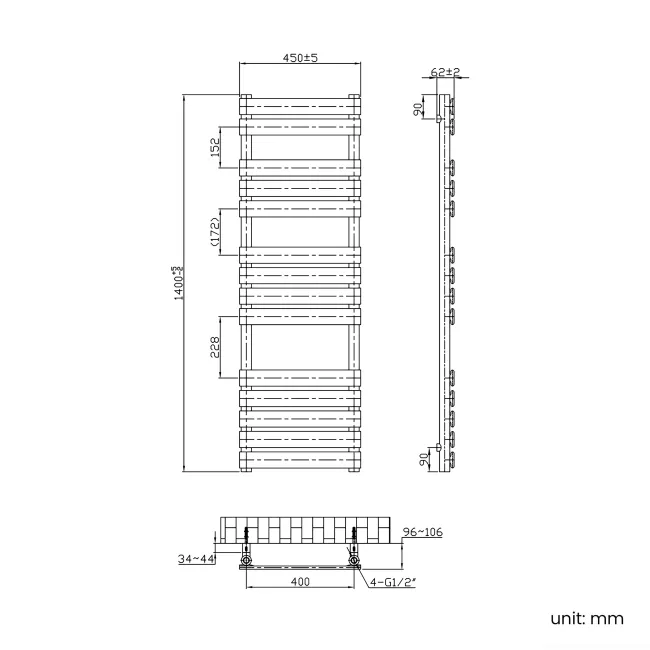 Santorini Brushed Brass Flat Panel Heated Towel Rail 1400x450mm