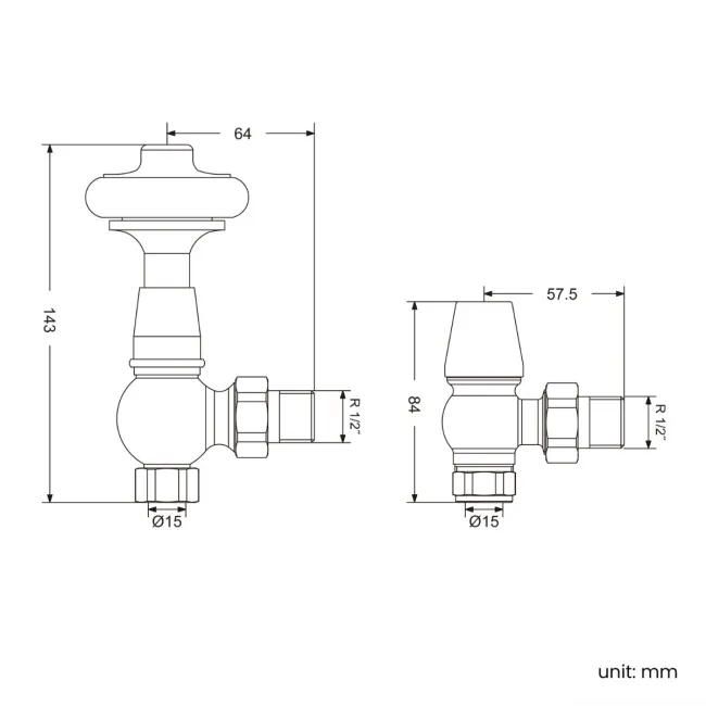 Brushed Nickel Angled Traditional Manual Thermostatic Radiator Valves (Pair) Standard 15mm