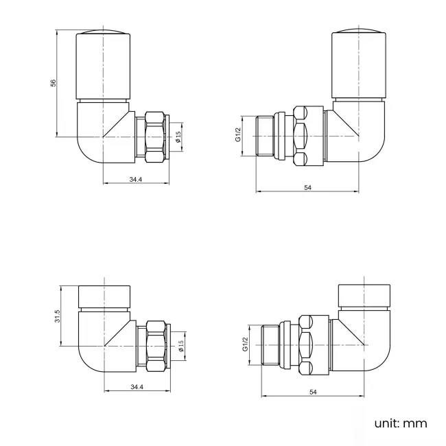 Brushed Brass Angled Radiator Valves and lockshield pack (Pair) Standard 15mm
