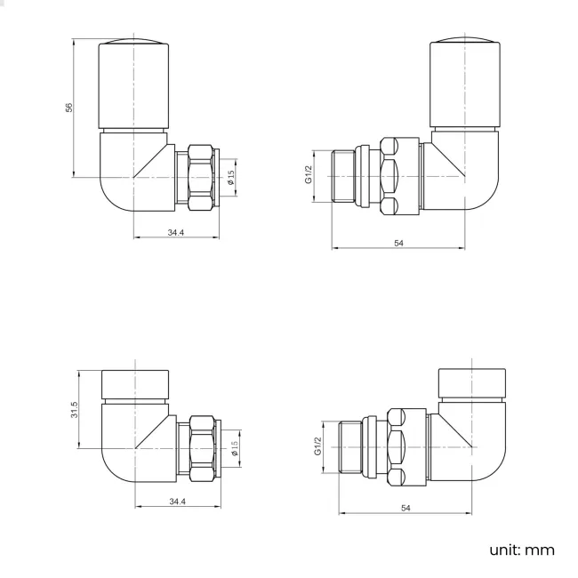 Antique Copper Angled Radiator Valves and lockshield pack (Pair) Standard 15mm