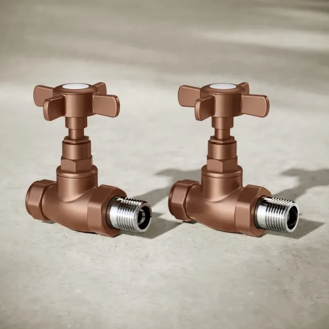 Antique Copper Straight Traditional Manual Radiator Valves (Pair) Standard 15mm