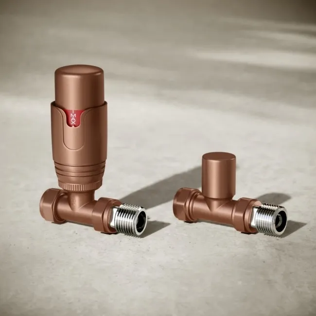 Antique Copper Thermostatic Straight Radiator Valve (Pair) Standard 15mm