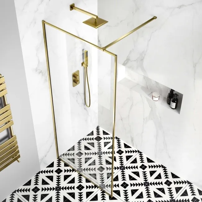 Munich Brushed Brass Framed Easy Clean 8mm Wet Room Shower Glass Panel 900mm