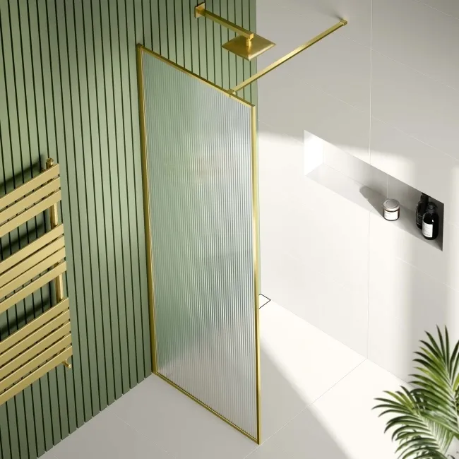 Munich Fluted Effect Brushed Brass Easy Clean 8mm Wet Room Shower Glass Panel 700mm