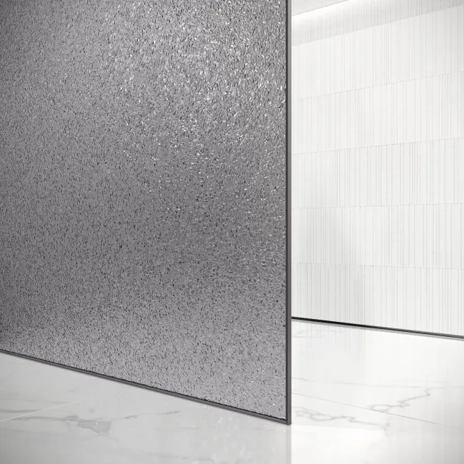 Lyon Gunmetal 8mm Laminated Wet Room Shower Glass Panel with Grey Frost Pattern 1100mm