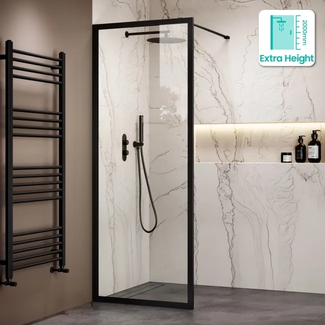 Antwerp Matt Black Framed Easy Clean 8mm Wet Room Shower Glass Panel 700mm