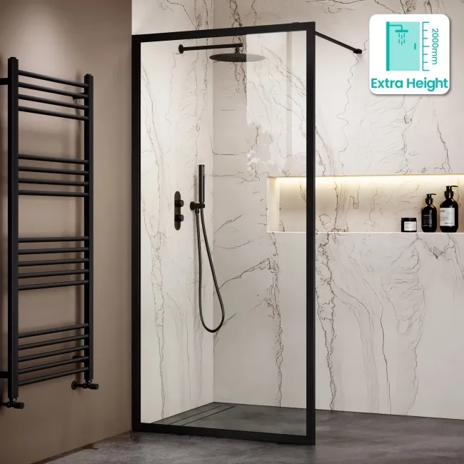 Antwerp Matt Black Framed Easy Clean 8mm Wet Room Shower Glass Panel 900mm