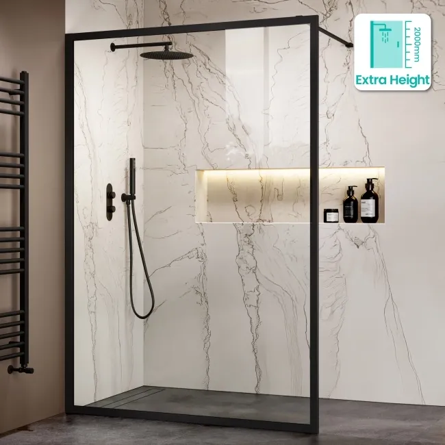 Antwerp Matt Black Framed Easy Clean 8mm Wet Room Shower Glass Panel 1400mm
