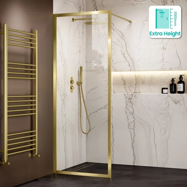 Antwerp Brushed Brass Framed Easy Clean 8mm Wet Room Shower Glass Panel 700mm