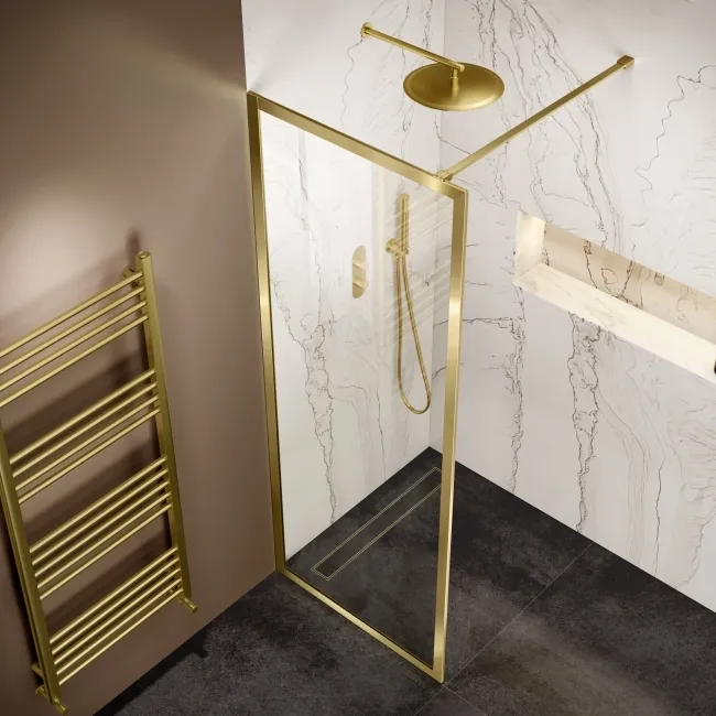 Antwerp Brushed Brass Framed Easy Clean 8mm Wet Room Shower Glass Panel 700mm