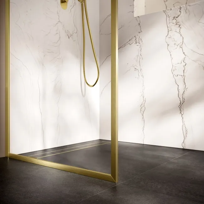Antwerp Brushed Brass Framed Easy Clean 8mm Wet Room Shower Glass Panel 700mm