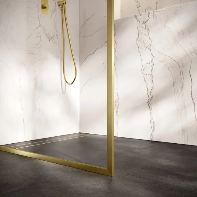 Antwerp Brushed Brass Framed Easy Clean 8mm Wet Room Shower Glass Panel 900mm