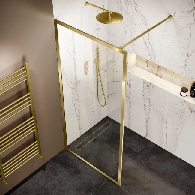 Antwerp Brushed Brass Framed Easy Clean 8mm Wet Room Shower Glass Panel 1000mm