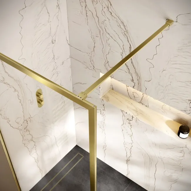 Antwerp Brushed Brass Framed Easy Clean 8mm Wet Room Shower Glass Panel 1000mm