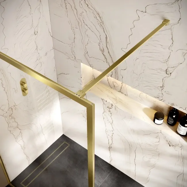 Antwerp Brushed Brass Framed Easy Clean 8mm Wet Room Shower Glass Panel 1100mm