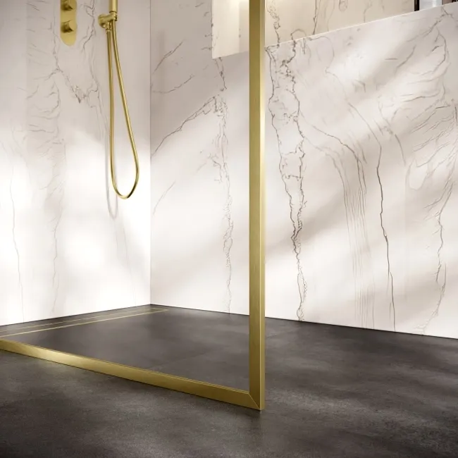 Antwerp Brushed Brass Framed Easy Clean 8mm Wet Room Shower Glass Panel 1100mm