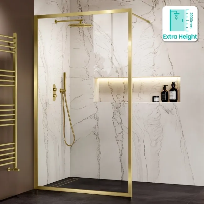 Antwerp Brushed Brass Framed Easy Clean 8mm Wet Room Shower Glass Panel 1200mm