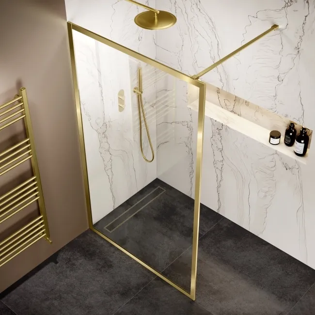 Antwerp Brushed Brass Framed Easy Clean 8mm Wet Room Shower Glass Panel 1200mm