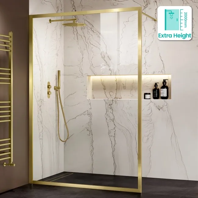 Antwerp Brushed Brass Framed Easy Clean 8mm Wet Room Shower Glass Panel 1400mm