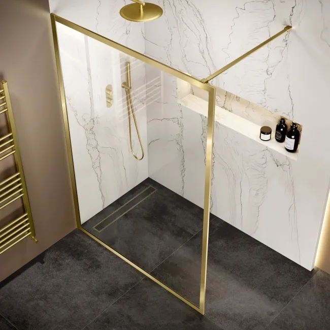Antwerp Brushed Brass Framed Easy Clean 8mm Wet Room Shower Glass Panel 1400mm