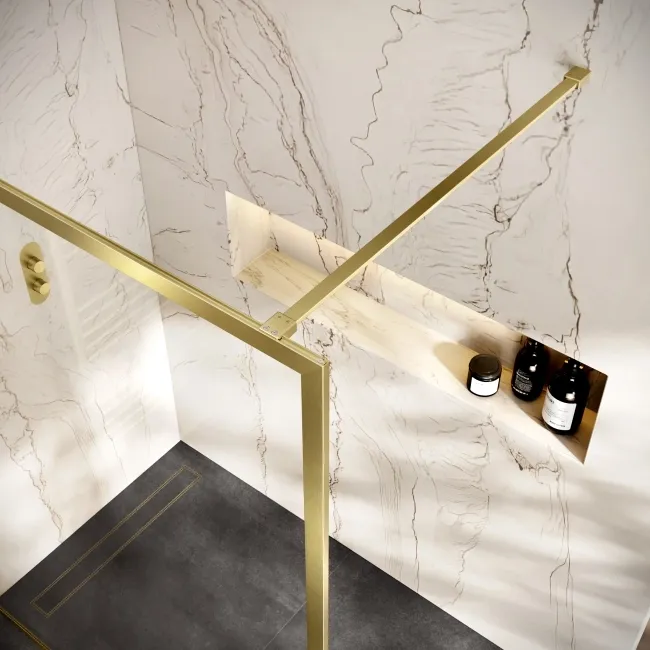 Antwerp Brushed Brass Framed Easy Clean 8mm Wet Room Shower Glass Panel 1400mm