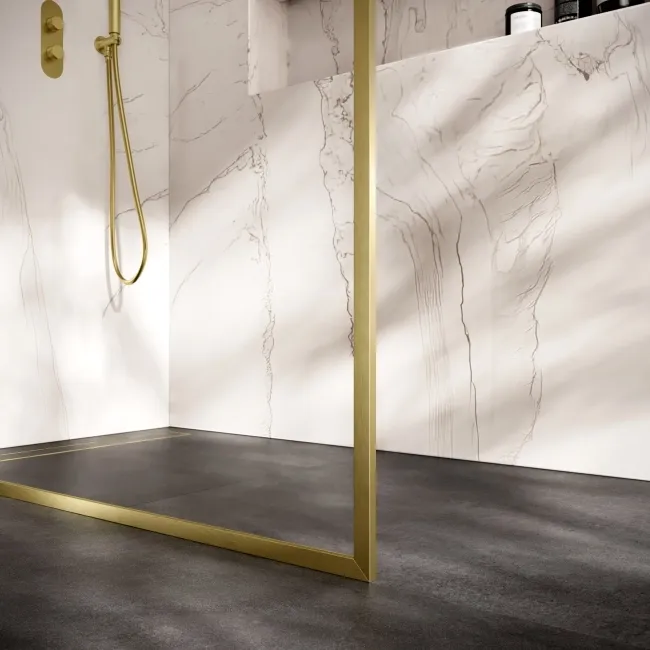 Antwerp Brushed Brass Framed Easy Clean 8mm Wet Room Shower Glass Panel 1400mm