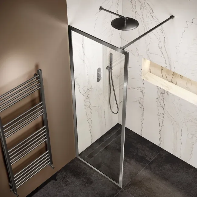 Antwerp Brushed Gunmetal Framed Easy Clean 8mm Wet Room Shower Glass Panel 800mm