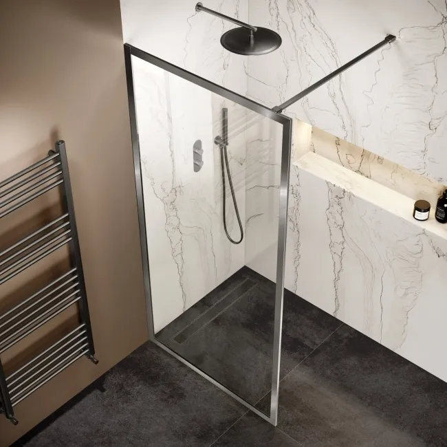 Antwerp Brushed Gunmetal Framed Easy Clean 8mm Wet Room Shower Glass Panel 900mm