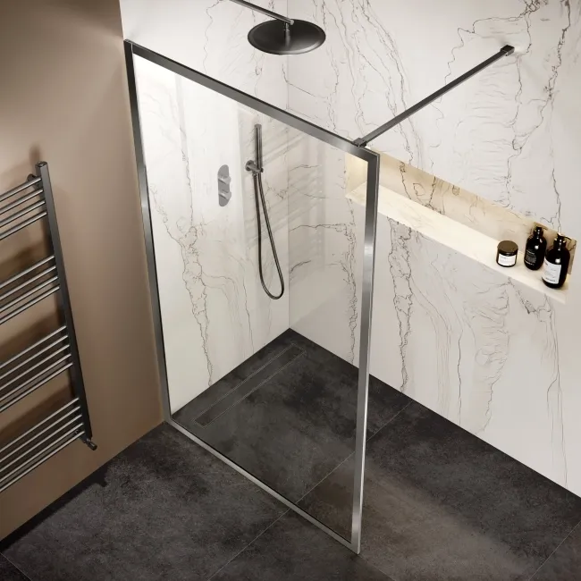 Antwerp Brushed Gunmetal Framed Easy Clean 8mm Wet Room Shower Glass Panel 1100mm