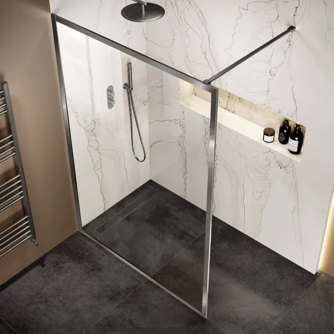 Antwerp Brushed Gunmetal Framed Easy Clean 8mm Wet Room Shower Glass Panel 1400mm