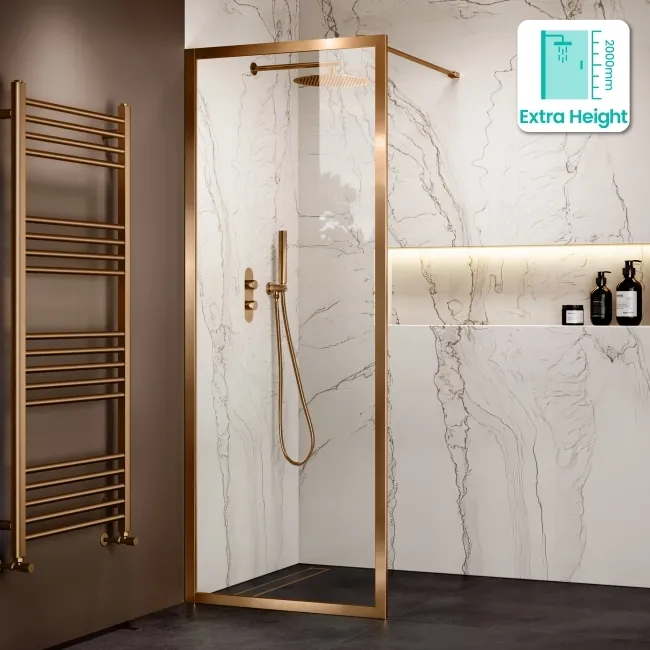 Antwerp Brushed Copper Framed Easy Clean 8mm Wet Room Shower Glass Panel 700mm