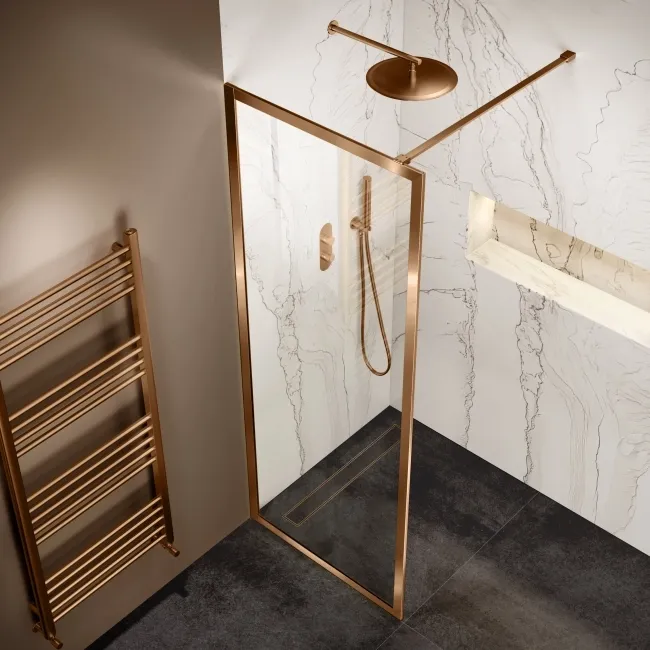 Antwerp Brushed Copper Framed Easy Clean 8mm Wet Room Shower Glass Panel 700mm