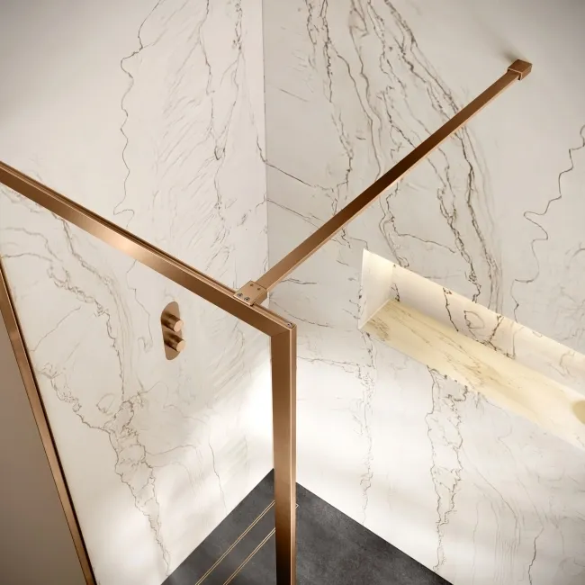 Antwerp Brushed Copper Framed Easy Clean 8mm Wet Room Shower Glass Panel 700mm