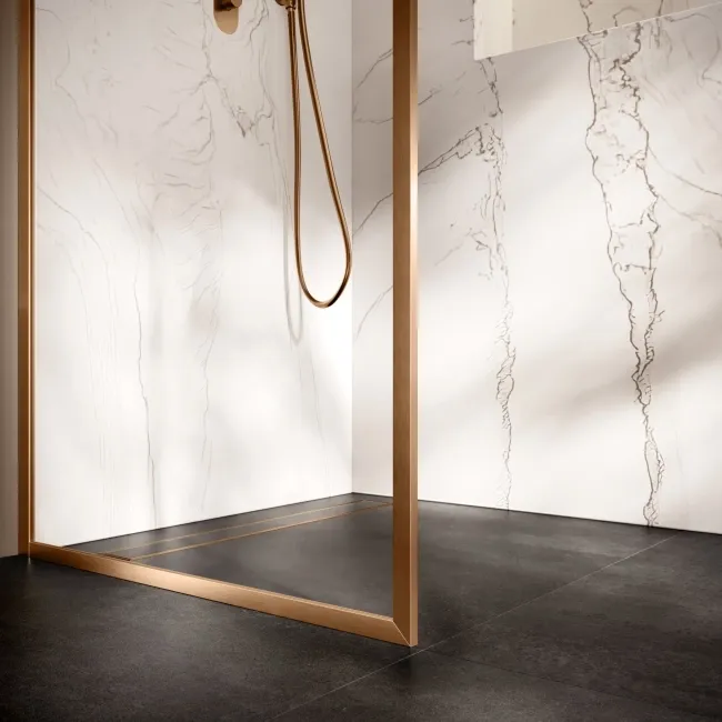 Antwerp Brushed Copper Framed Easy Clean 8mm Wet Room Shower Glass Panel 700mm