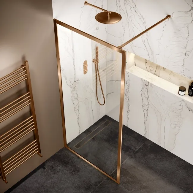 Antwerp Brushed Copper Framed Easy Clean 8mm Wet Room Shower Glass Panel 900mm