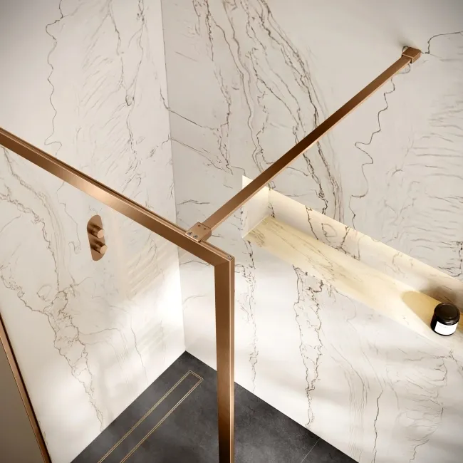 Antwerp Brushed Copper Framed Easy Clean 8mm Wet Room Shower Glass Panel 900mm