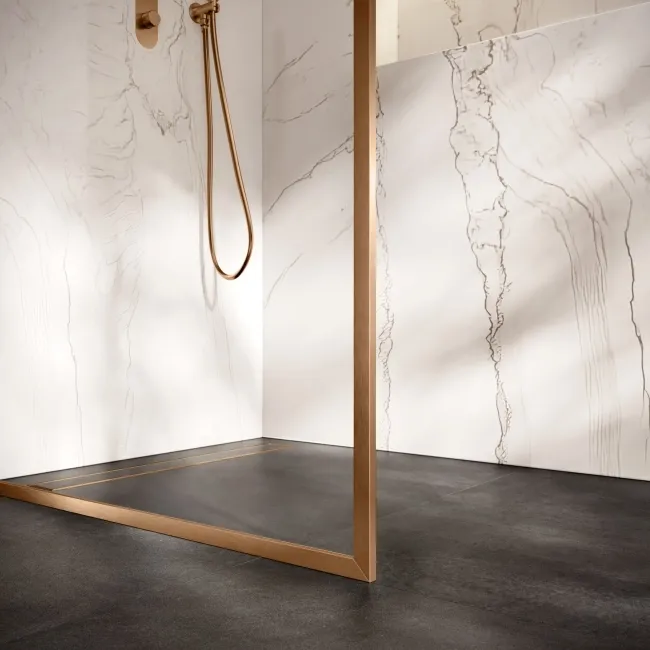 Antwerp Brushed Copper Framed Easy Clean 8mm Wet Room Shower Glass Panel 900mm