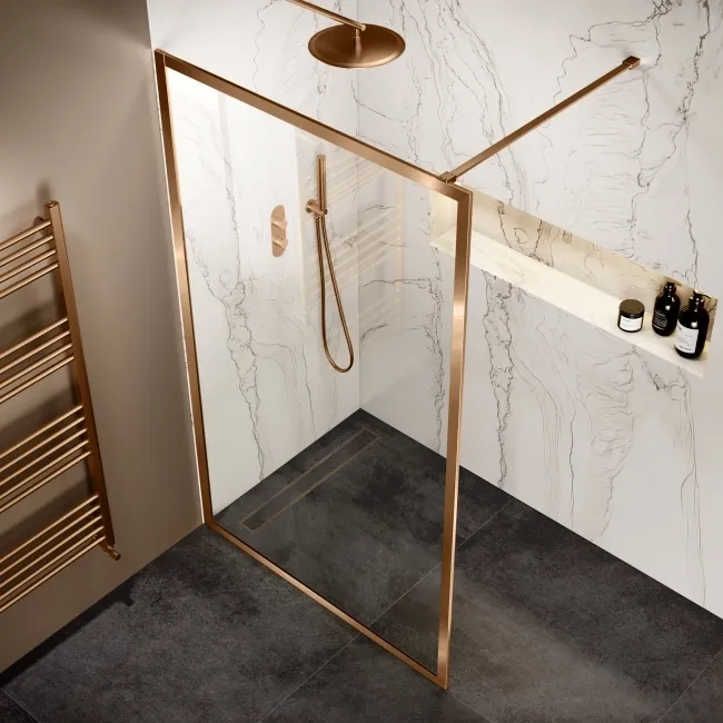 Antwerp Brushed Copper Framed Easy Clean 8mm Wet Room Shower Glass Panel 1100mm