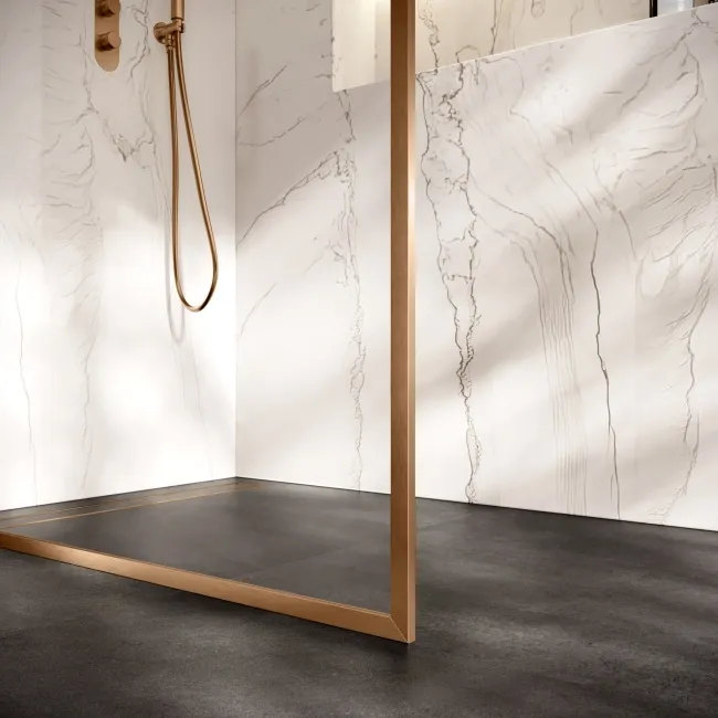 Antwerp Brushed Copper Framed Easy Clean 8mm Wet Room Shower Glass Panel 1100mm