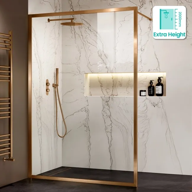 Antwerp Brushed Copper Framed Easy Clean 8mm Wet Room Shower Glass Panel 1400mm