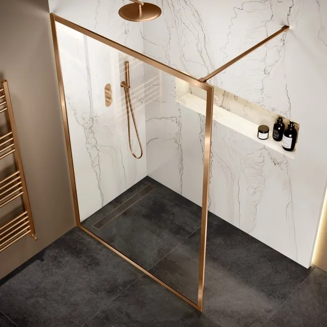 Antwerp Brushed Copper Framed Easy Clean 8mm Wet Room Shower Glass Panel 1400mm