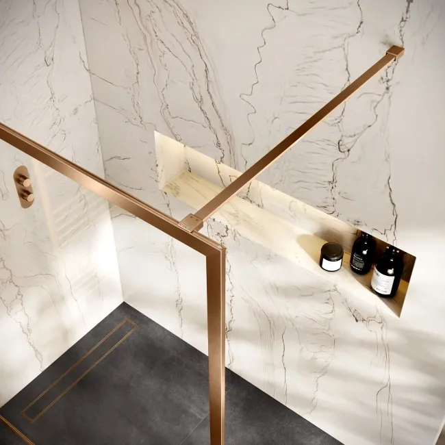 Antwerp Brushed Copper Framed Easy Clean 8mm Wet Room Shower Glass Panel 1400mm