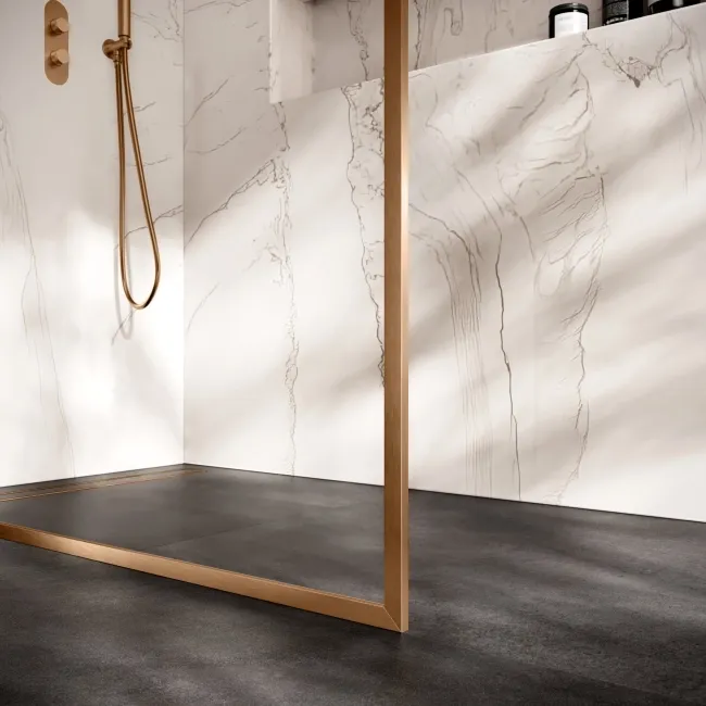 Antwerp Brushed Copper Framed Easy Clean 8mm Wet Room Shower Glass Panel 1400mm