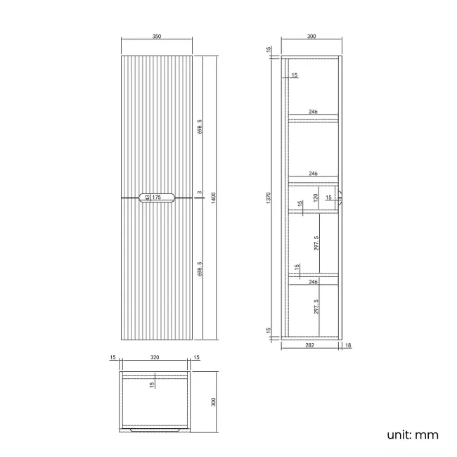Crete Fluted Apex Oak Wall Hung Tall Cabinet 1400x350mm