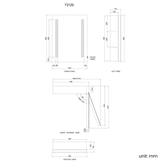Emielia Battery Powered Illuminated LED Cloakroom Mirror Cabinet 600x450mm